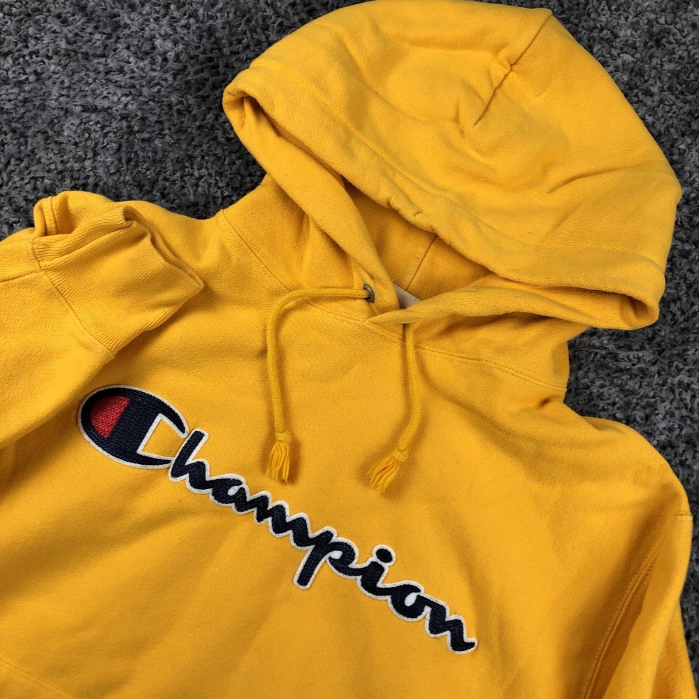 Champion Reverse Weave Hoodie Mens Medium Yellow‎ Fleece Pullover Kangaroo Logo